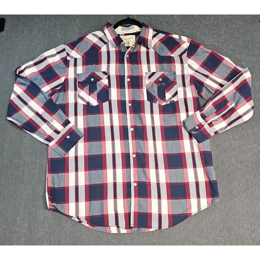 Coastal Men's XXLarge White/Navy/Grey Plaid Pearl Snap Button Long Sleeve Shirt